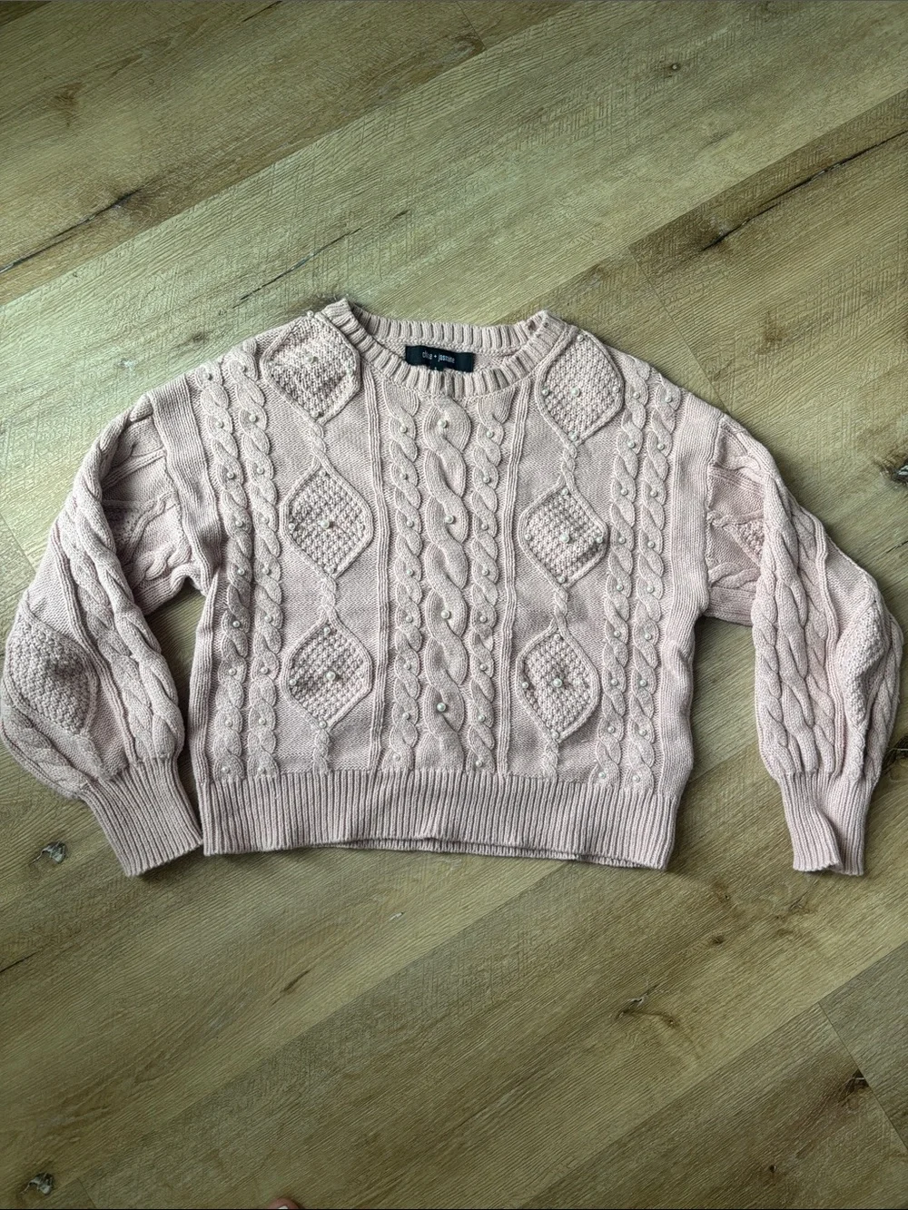 Women's Pink Cable Knit Sweater with Pearl Accents